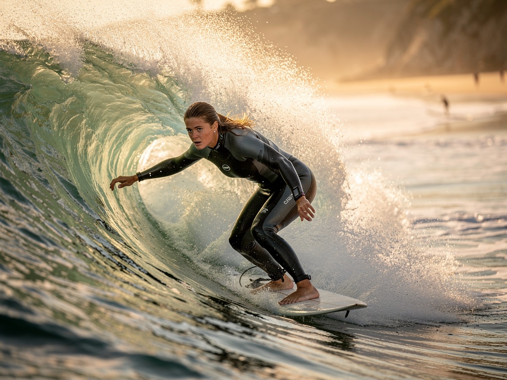 Young Caucasian woman surfing California beach waves with golden afternoon light