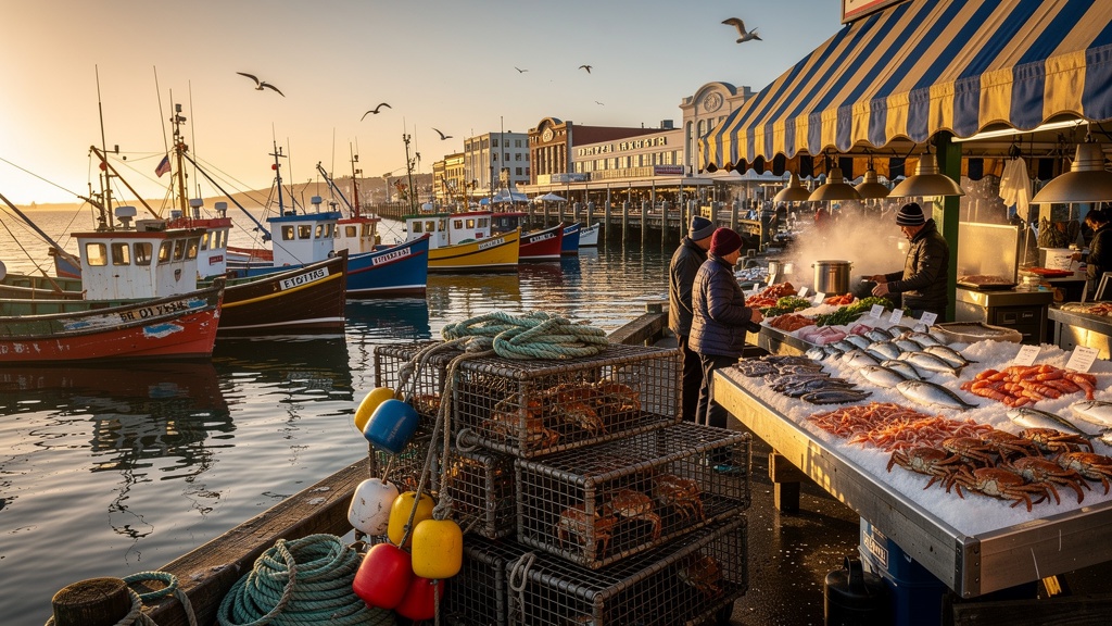 San Francisco Fisherman's Wharf harbor with colorful boats and seafood market