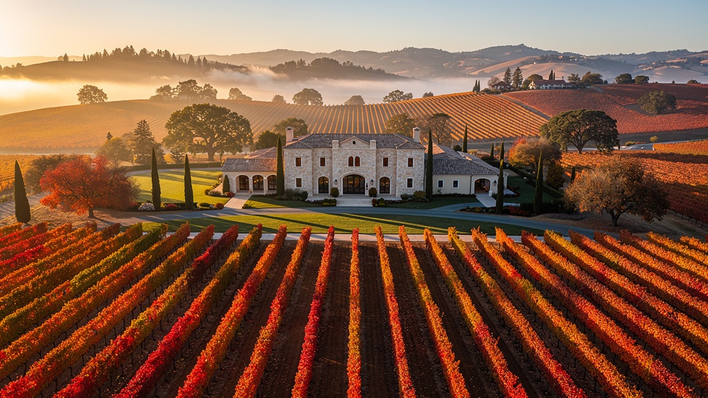 Napa Valley vineyard estate at golden hour with autumn-coloured grapevines and elegant chateau winery