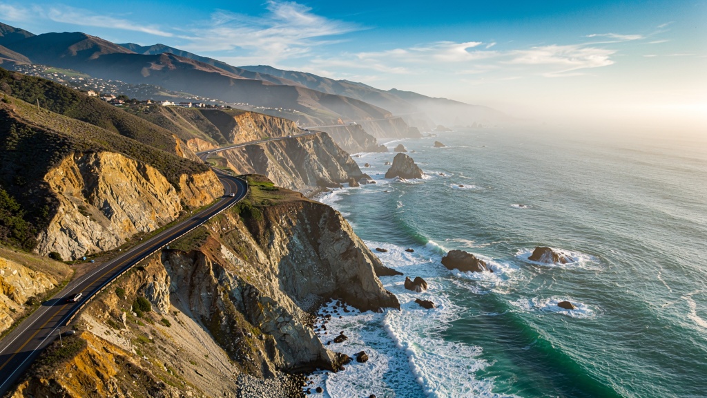 Pacific Coast Highway winding along Big Sur sea cliffs above the Pacific Ocean
