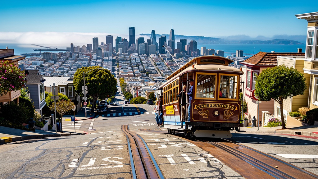 San Francisco cable car on a steep hill with city and bay view