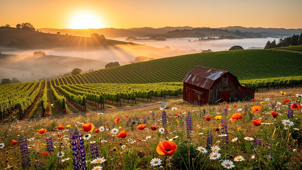 Sonoma County California rolling green hills with vineyard rows at sunrise, morning fog in valleys, redwood barn and wildflowers in foreground