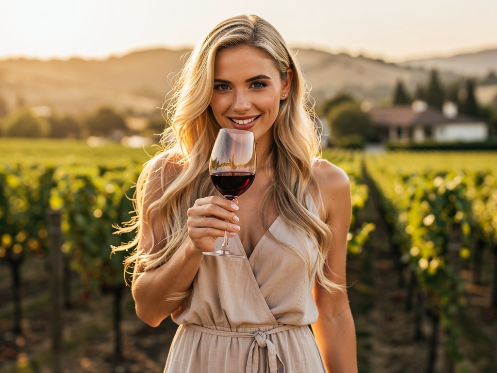 Young Caucasian woman with blonde hair tasting red wine on a Napa Valley winery terrace, vineyard rows in the golden afternoon light